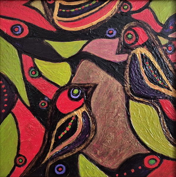 Med pticami, akril-les, 20x20 cm, 2016, Maja Papež Ilič